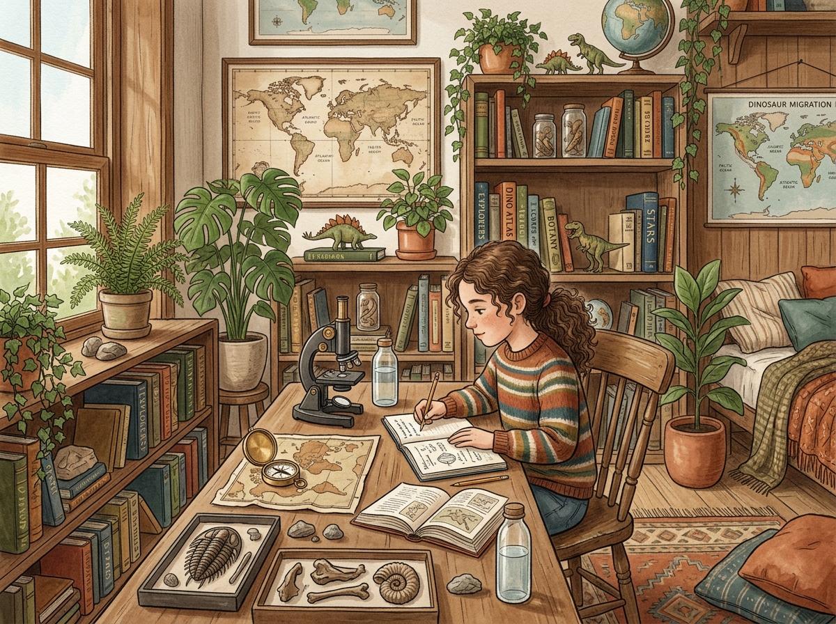 Cozy study room with books, plants, microscope, fossils, and compass